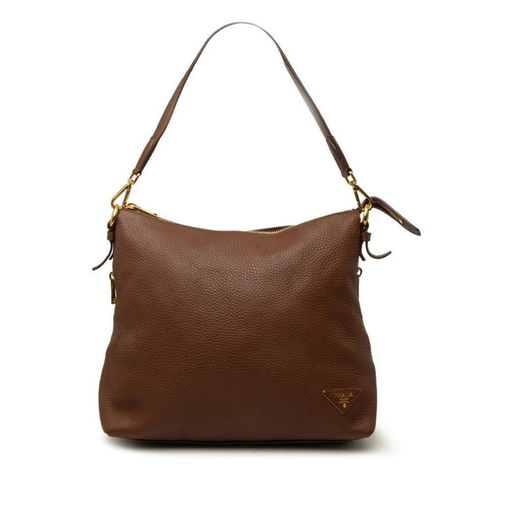 Prada Triangle Logo Plate Shoulder Bag BR5012 Brown Vitello Daino Leather Wom...